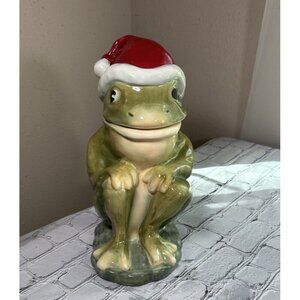 American Retro Frog with Santa Hat Cookie Jar Hand Painted Christmas 2005 Vtg